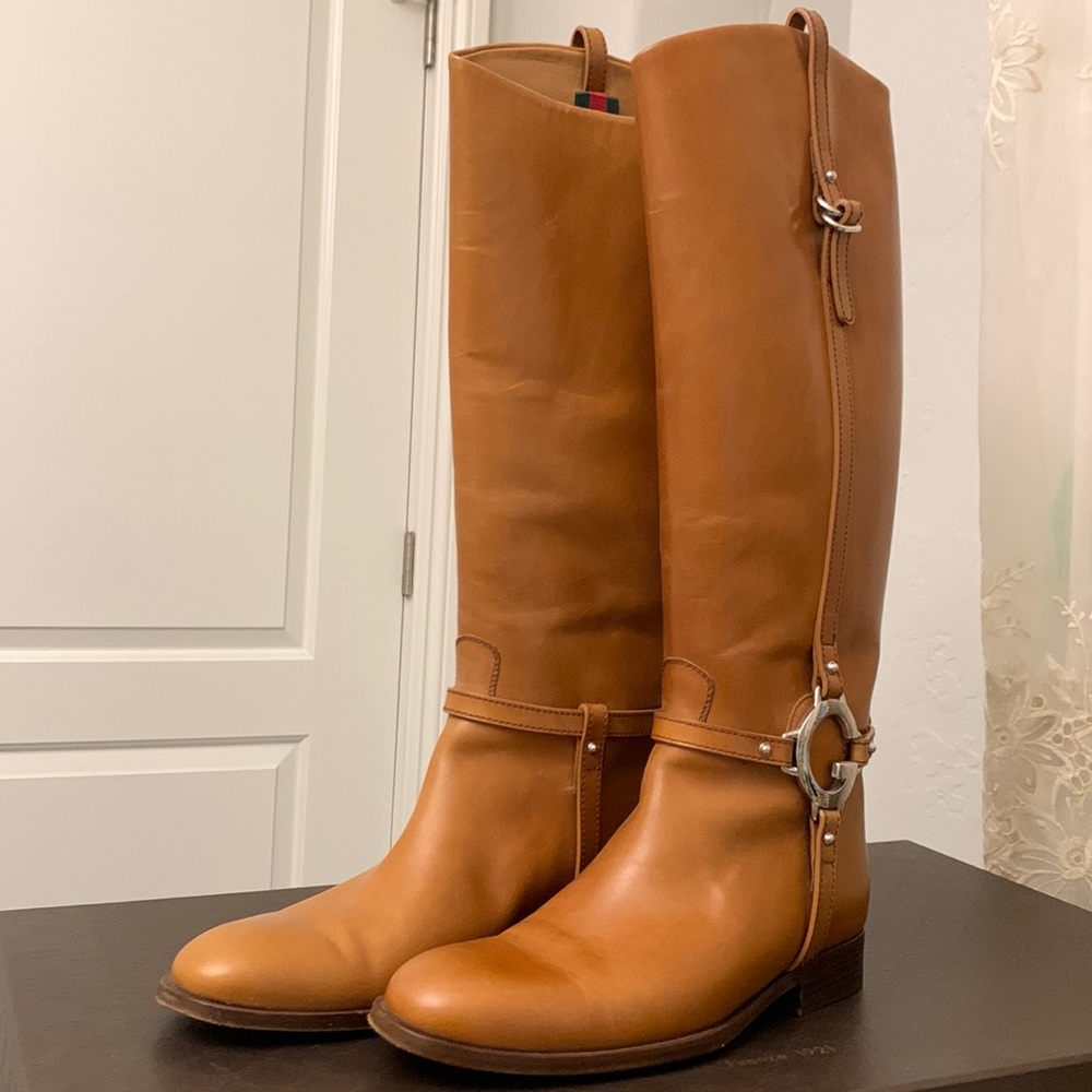 Authentic Gucci Aitoo Riding Boots in Tan Leather